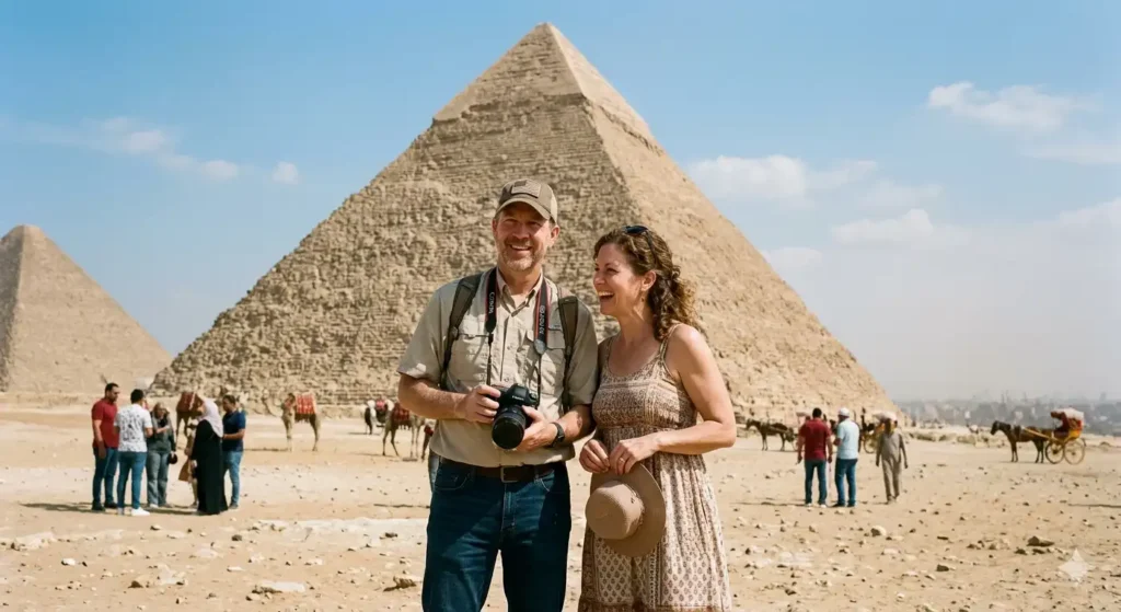 Egypt tours from USA — American travelers at the Pyramids of Giza with King Tut Tours